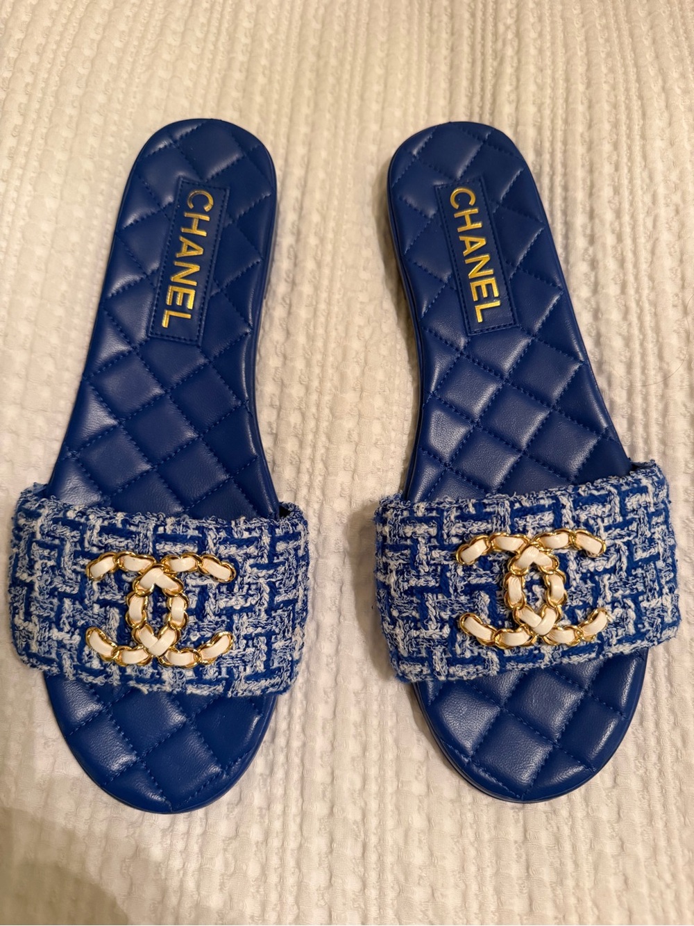 CHANEL Royal Blue Quilted Tweed Slide Sandals with Gold CC Accent - Picture 1 of 4